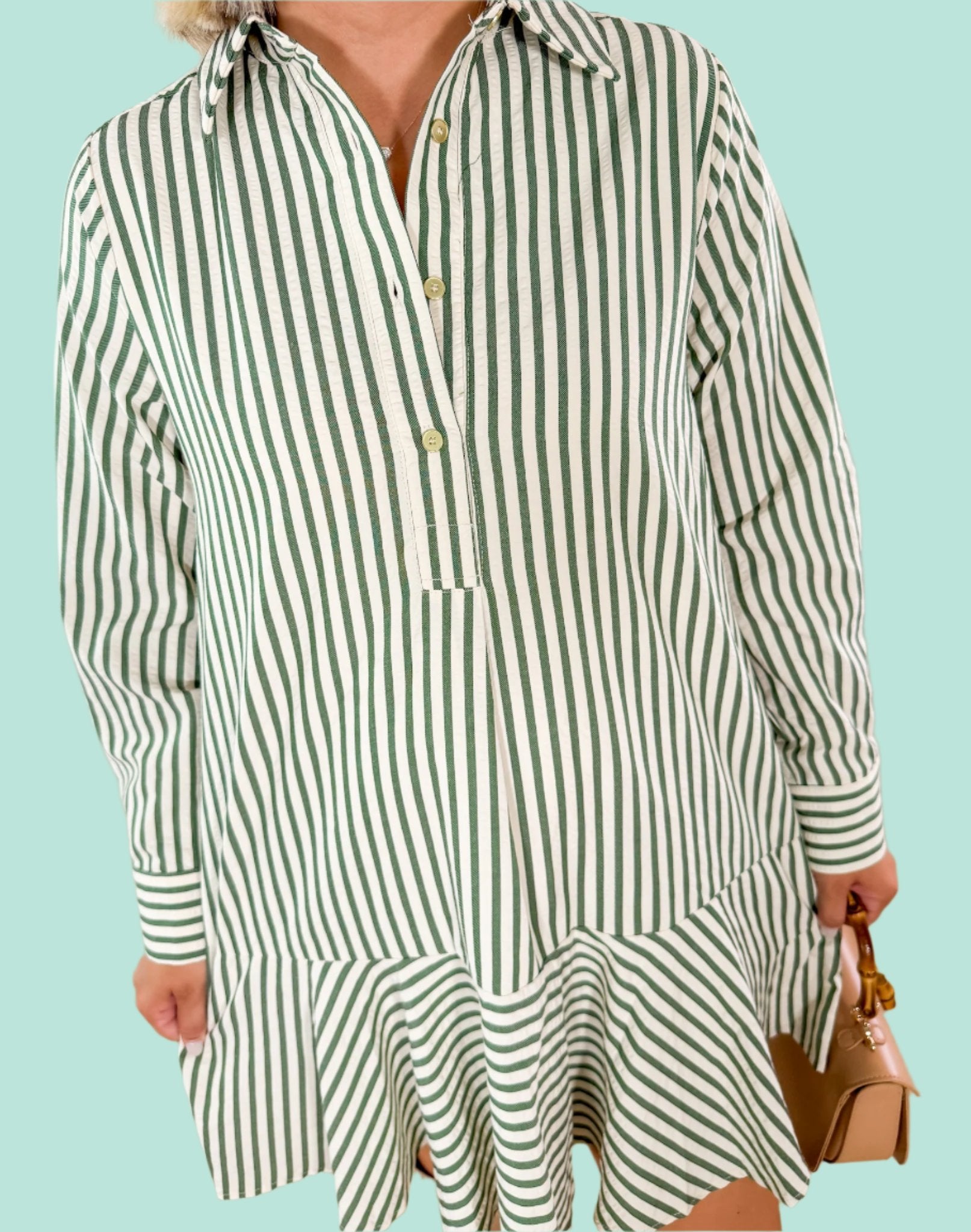 Wanda_Hunter_Green_Ivory_Stripe_Mini_Dress