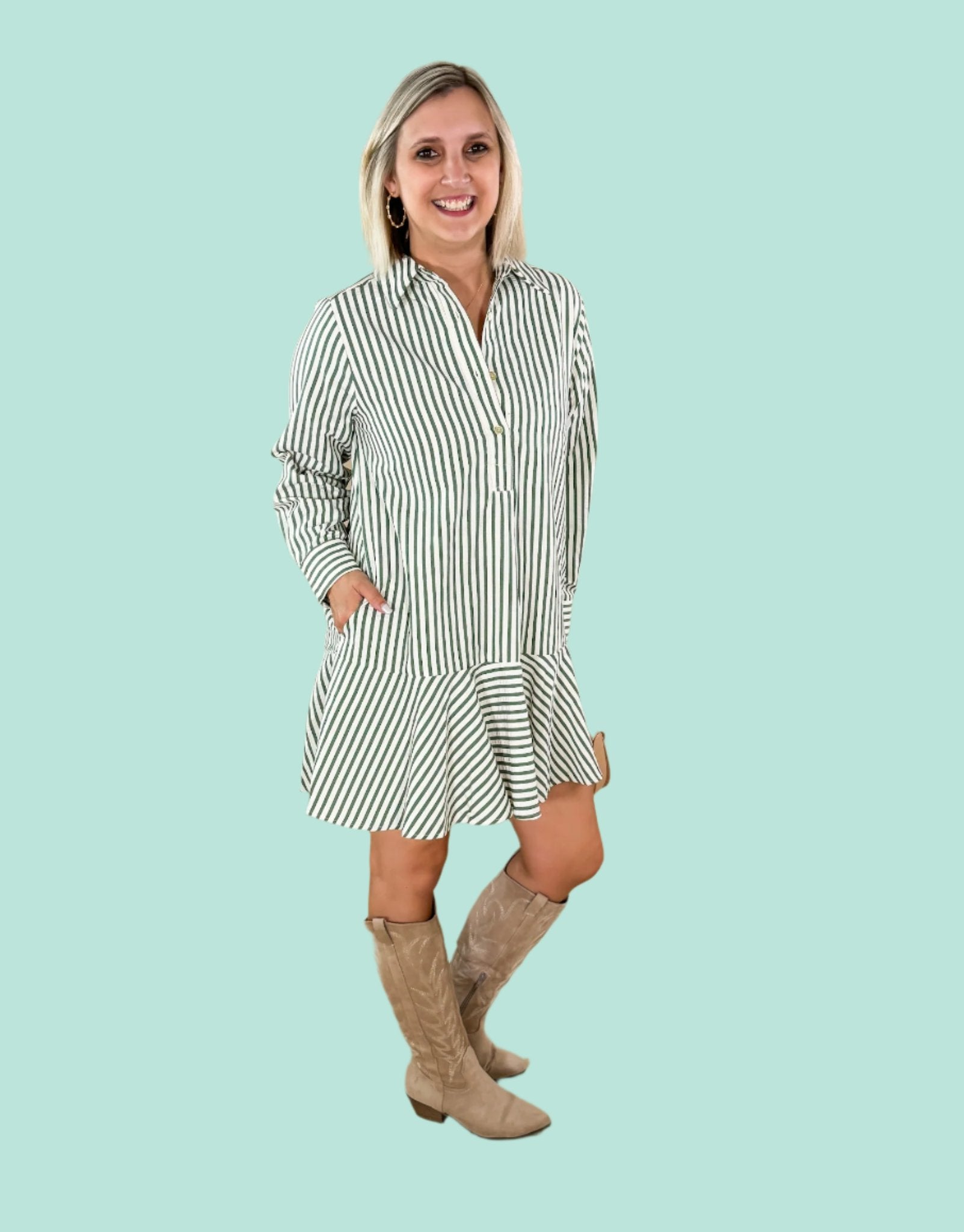 Wanda_Hunter_Green_Ivory_Stripe_Mini_Dress