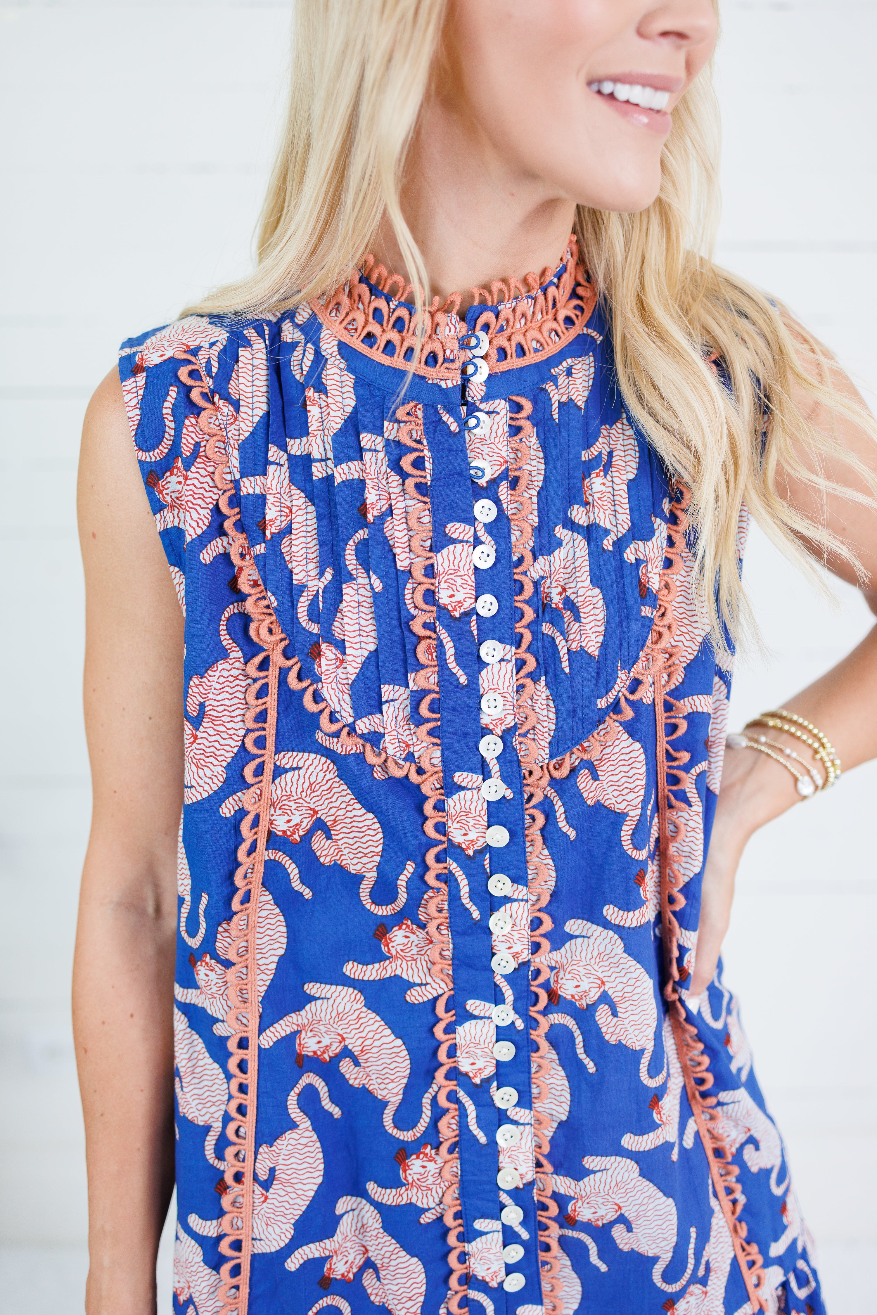 Watson Blue + Orange Tiger Button Dress THML
