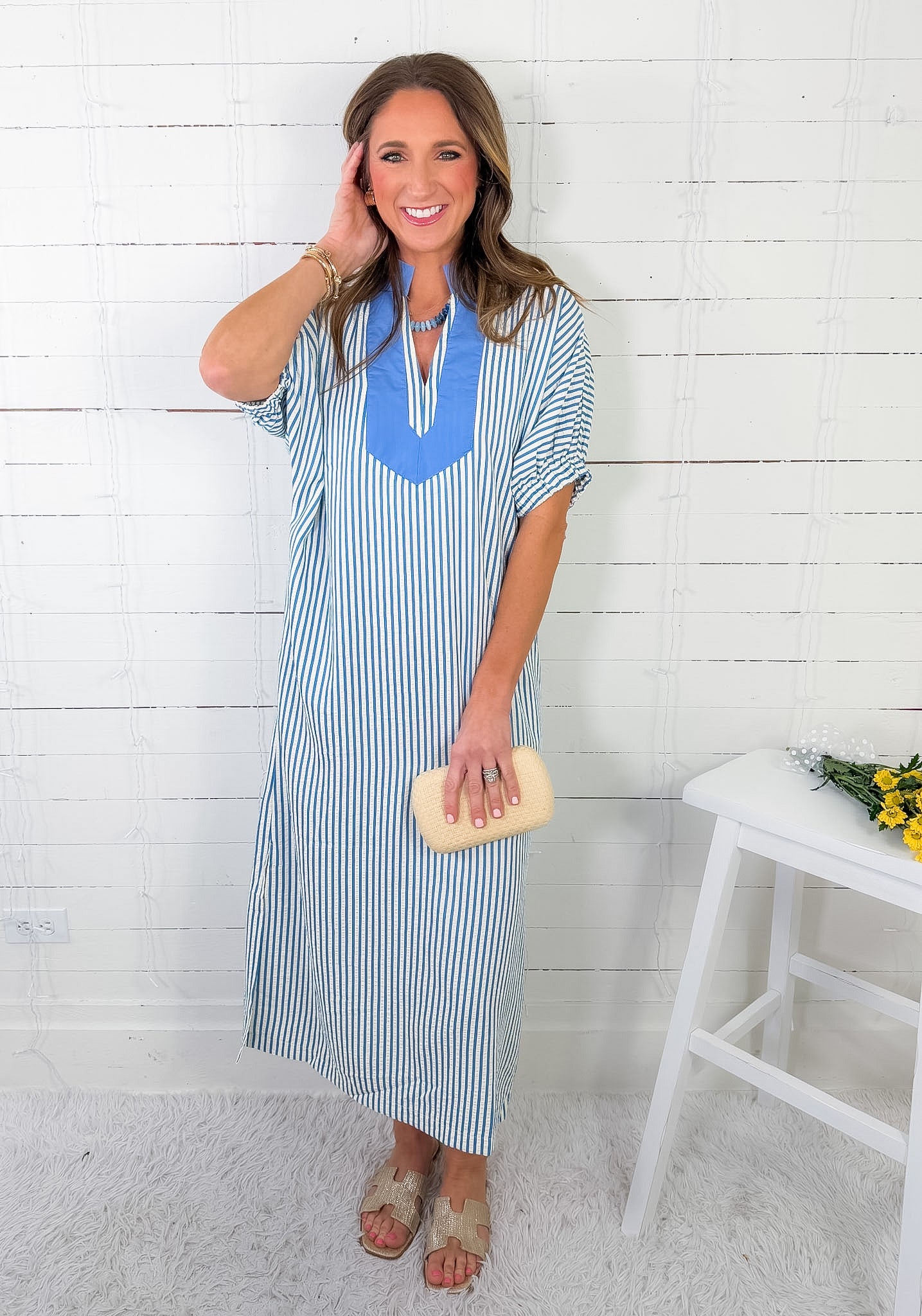 Weldon Cornflower Blue Seersucker Maxi Dress Entro