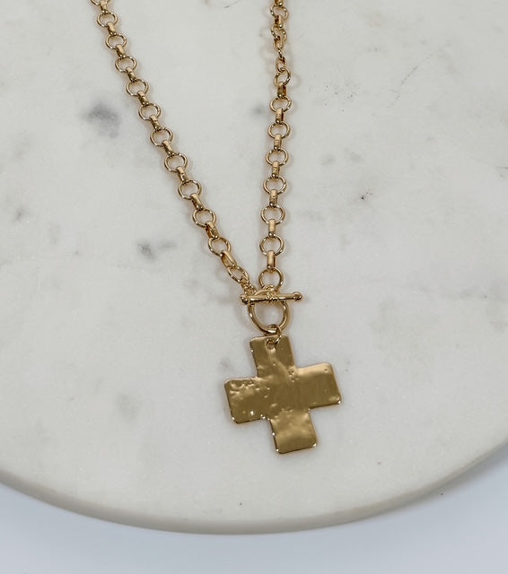 Wide Cross Pendant Toggle Clasp Necklace 