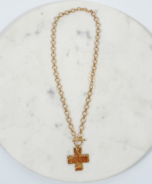 Wide Cross Pendant Toggle Clasp Necklace 