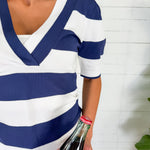 Yona Navy Striped V Neck Sweater KUT