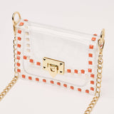 Clear handbag with gold chain and red accents on a white background