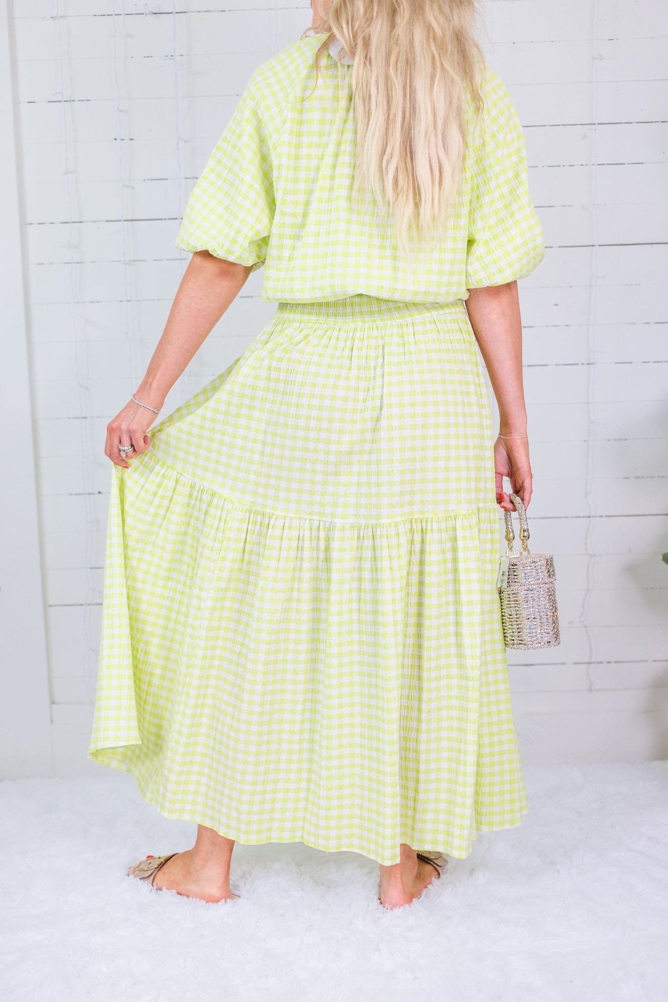 Aerin Limeade Seersucker Gingham Smocked Maxi Skirt Adrienne