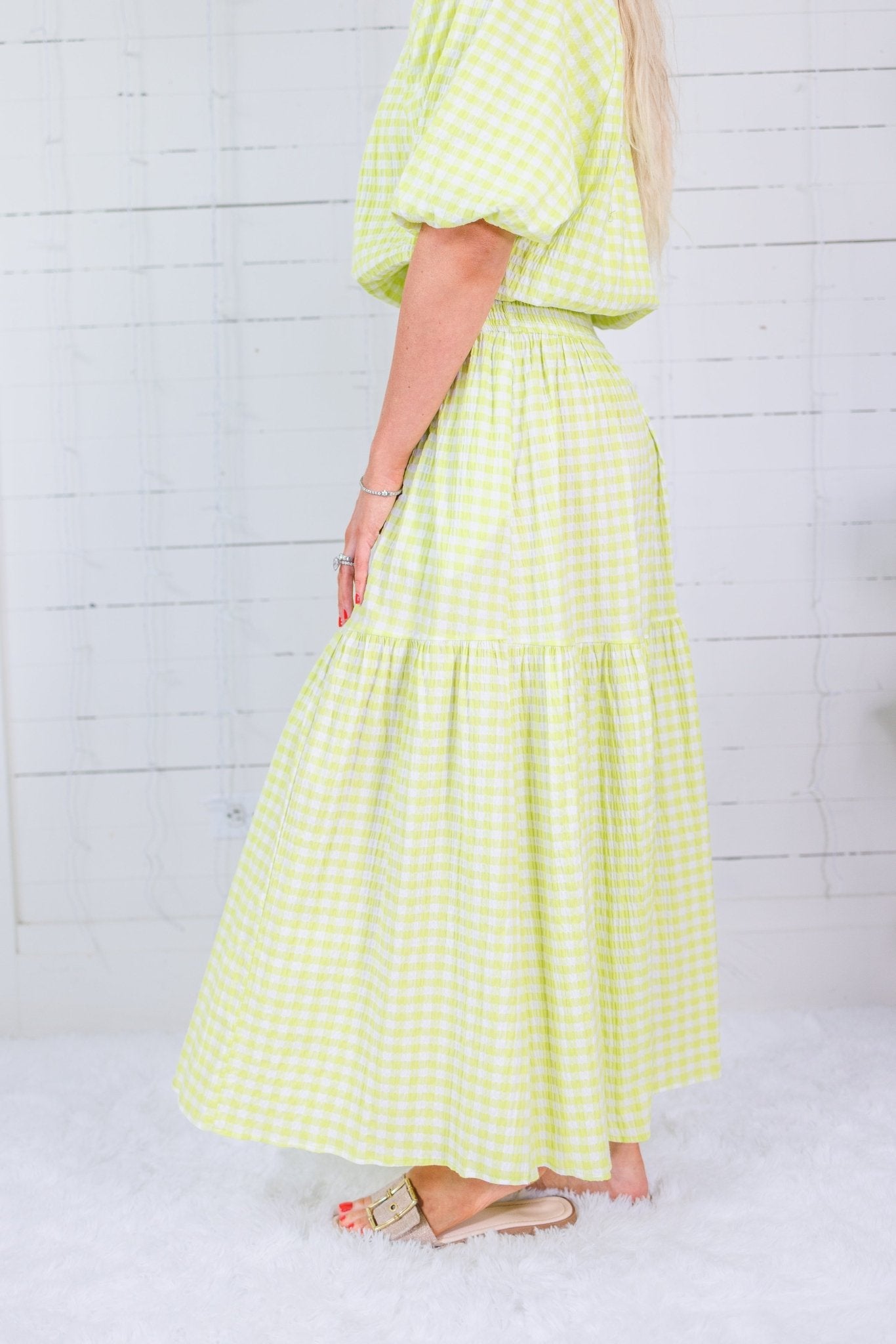Aerin Limeade Seersucker Gingham Smocked Maxi Skirt Adrienne