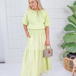 Aerin Limeade Seersucker Gingham Smocked Maxi Skirt - S1 Skirts - Maxi - Clover + Bee