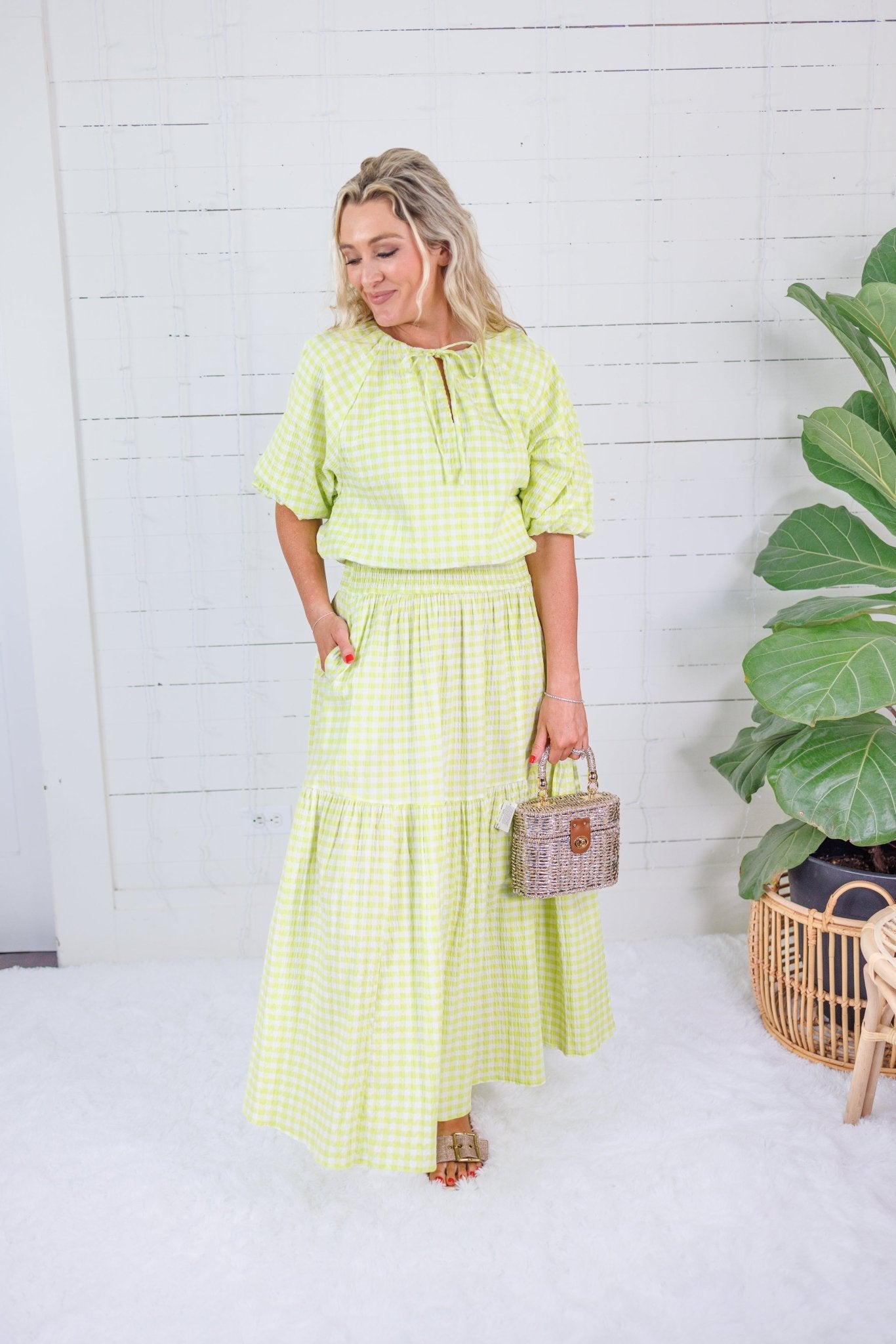 Aerin Limeade Seersucker Gingham Smocked Maxi Skirt - S1 Skirts - Maxi - Clover + Bee