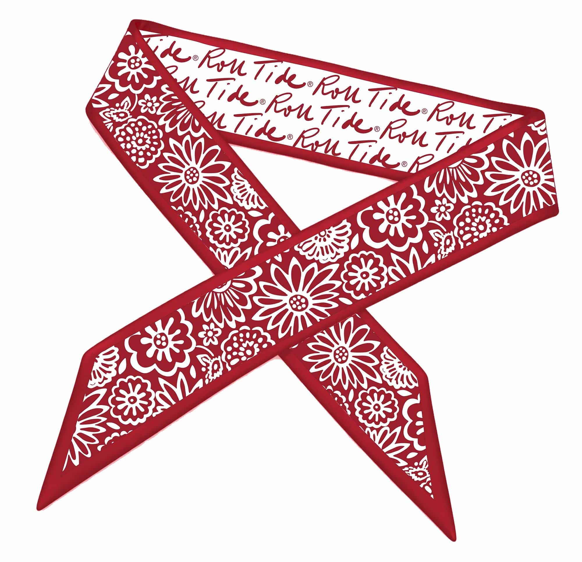 Red bandana with white floral patterns and text on a white background