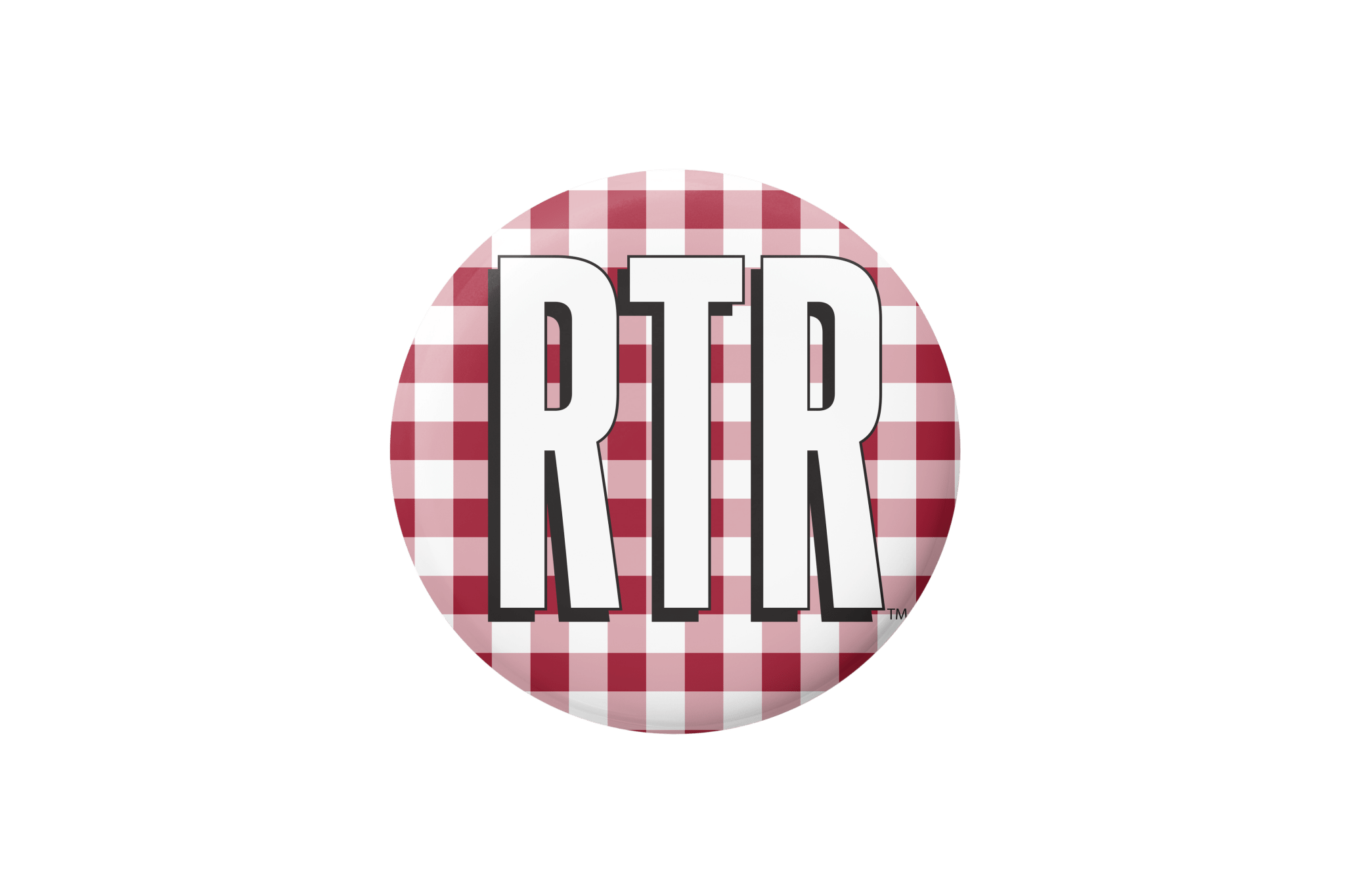 A circular pinback button or badge featuring a red and white gingham checkered pattern with the bold white letters 'RTR' outlined in black, shown on a plain white background.