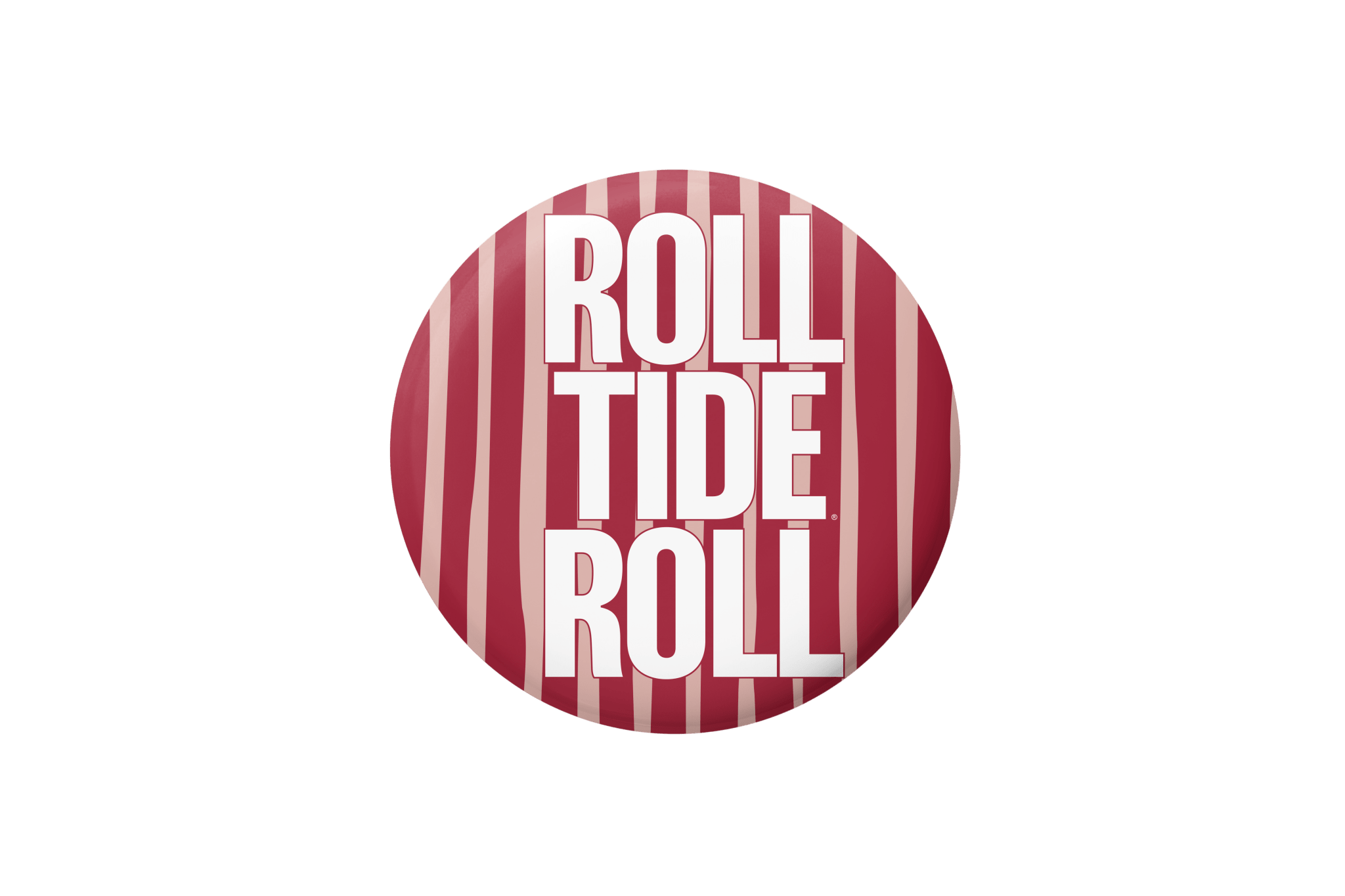 A circular button or badge featuring a red and white striped pattern with the text 'ROLL TIDE ROLL' in bold white letters.