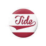 A round button badge featuring the crimson and white Alabama Crimson Tide logo on a plain white background.