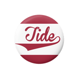 A round button badge featuring the crimson and white Alabama Crimson Tide logo on a plain white background.