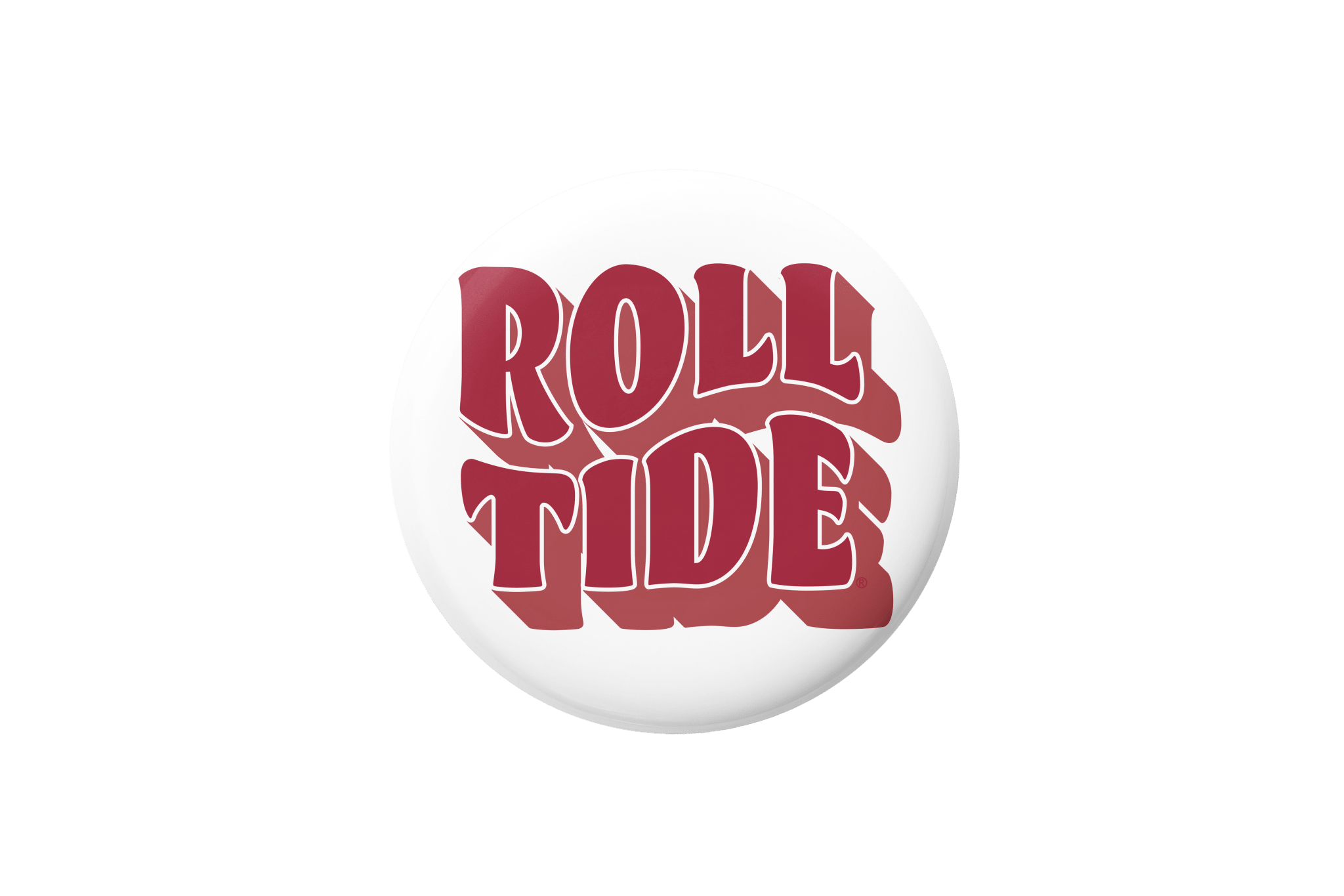 A round white button badge featuring the words 'ROLL TIDE' in bold red 3D-style lettering with white outlines, set against a plain white background.