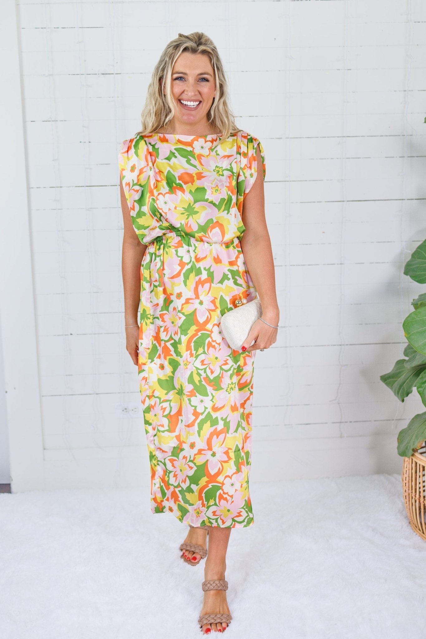 Aldridge Abstract Floral Satin Drape Maxi Dress Karlie