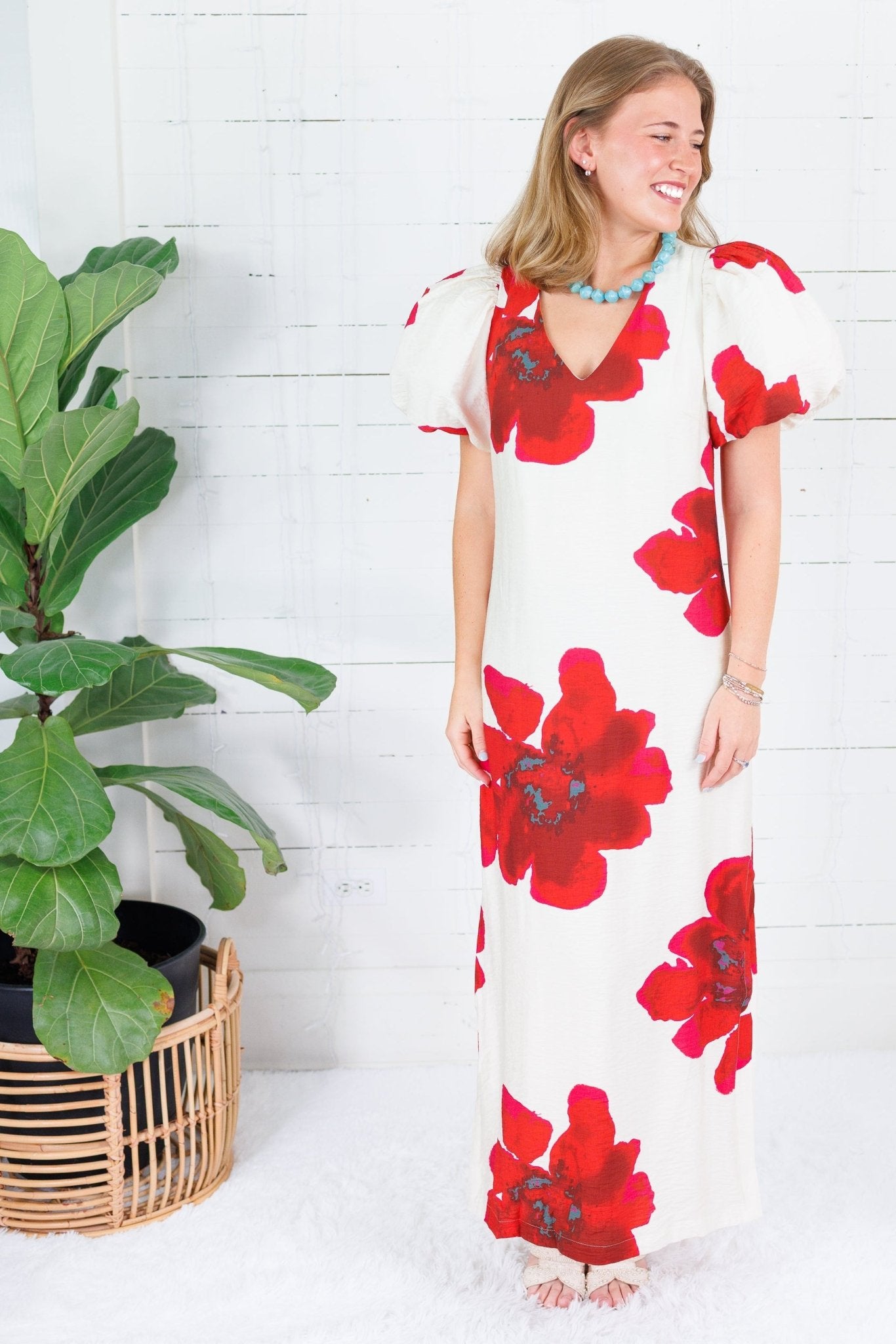 Alexandria Red Flower Maxi Dress Glam