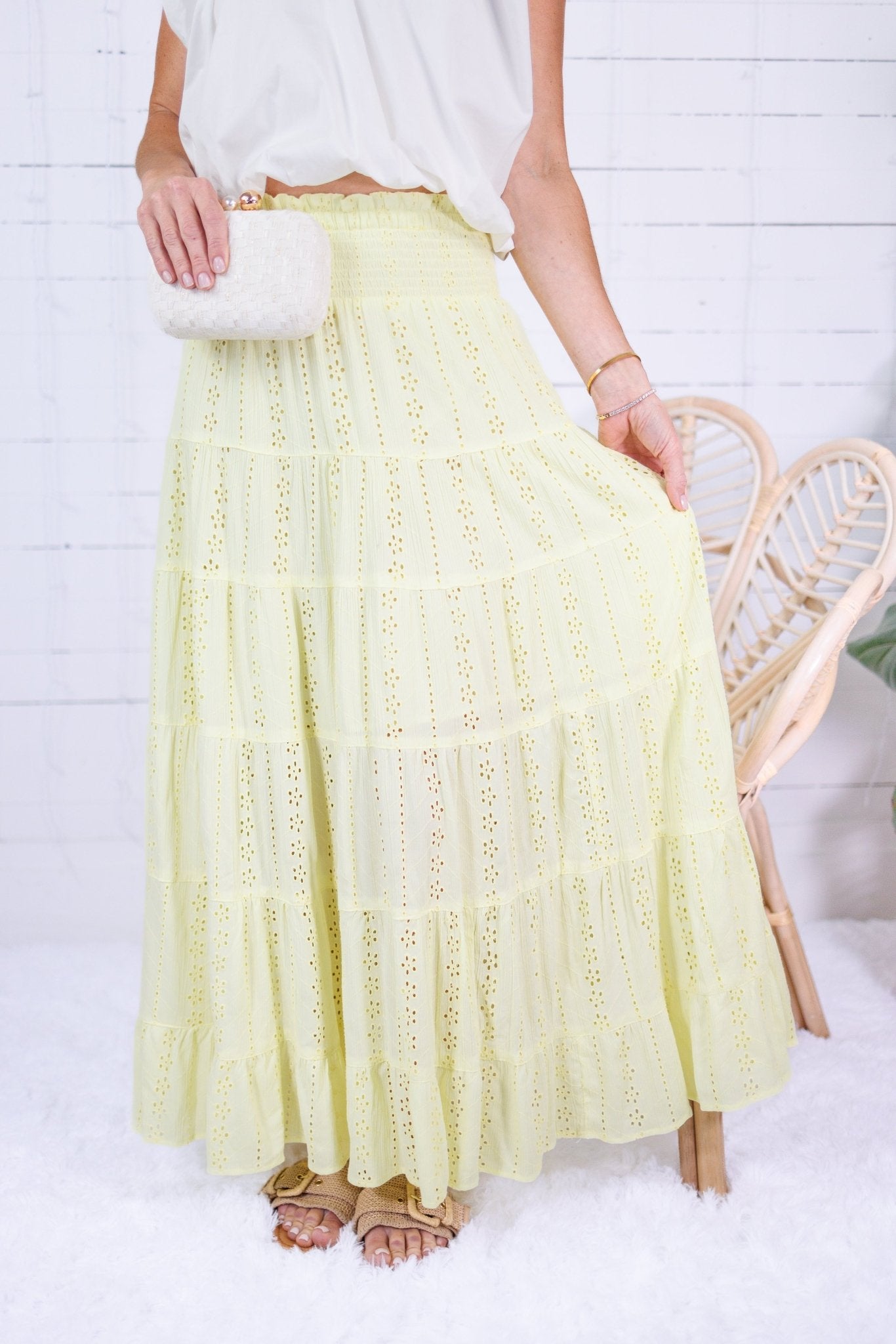 Angie Citron Eyelet Tiered + Smocked Waist Maxi Skirt
