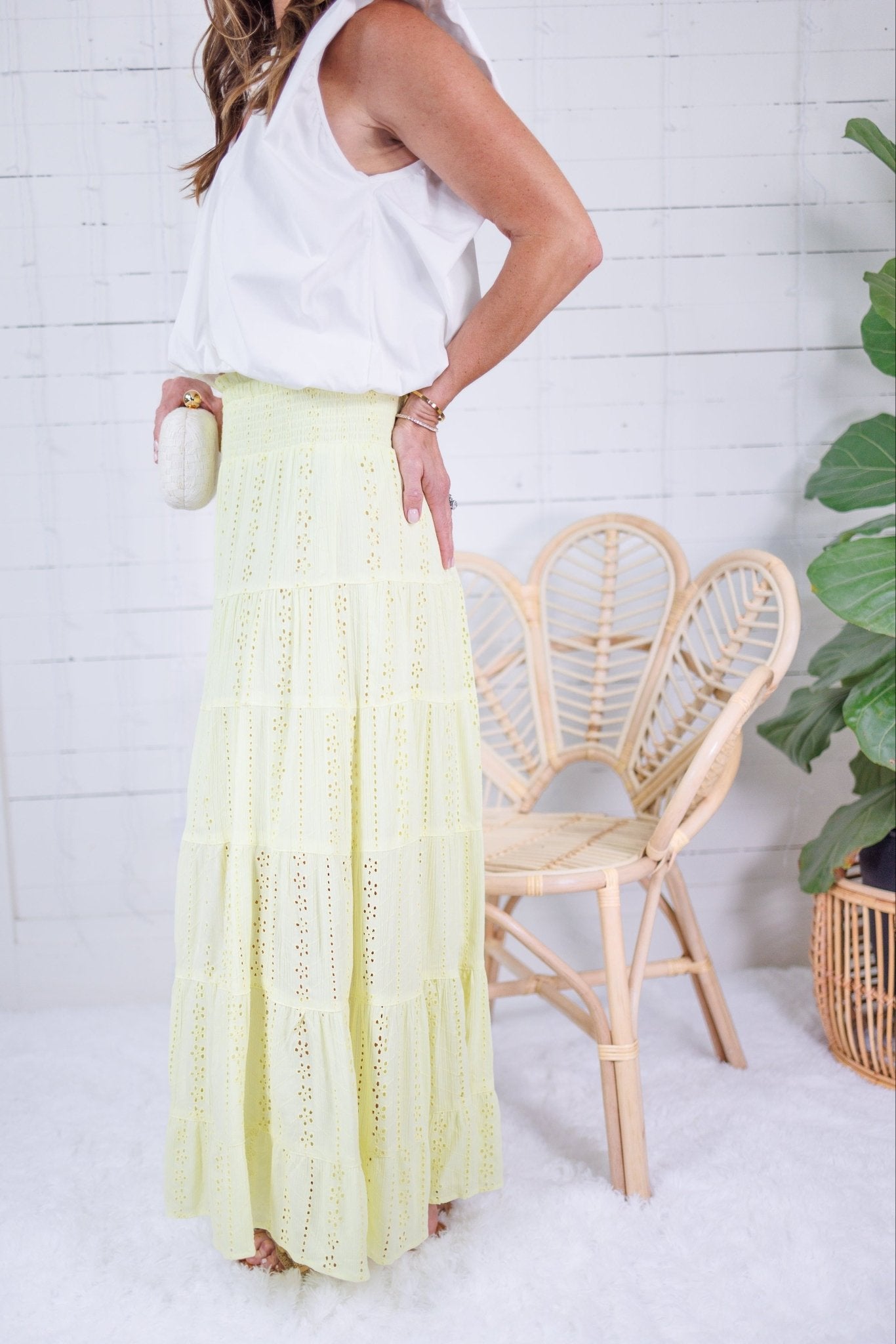 Angie Citron Eyelet Tiered + Smocked Waist Maxi Skirt