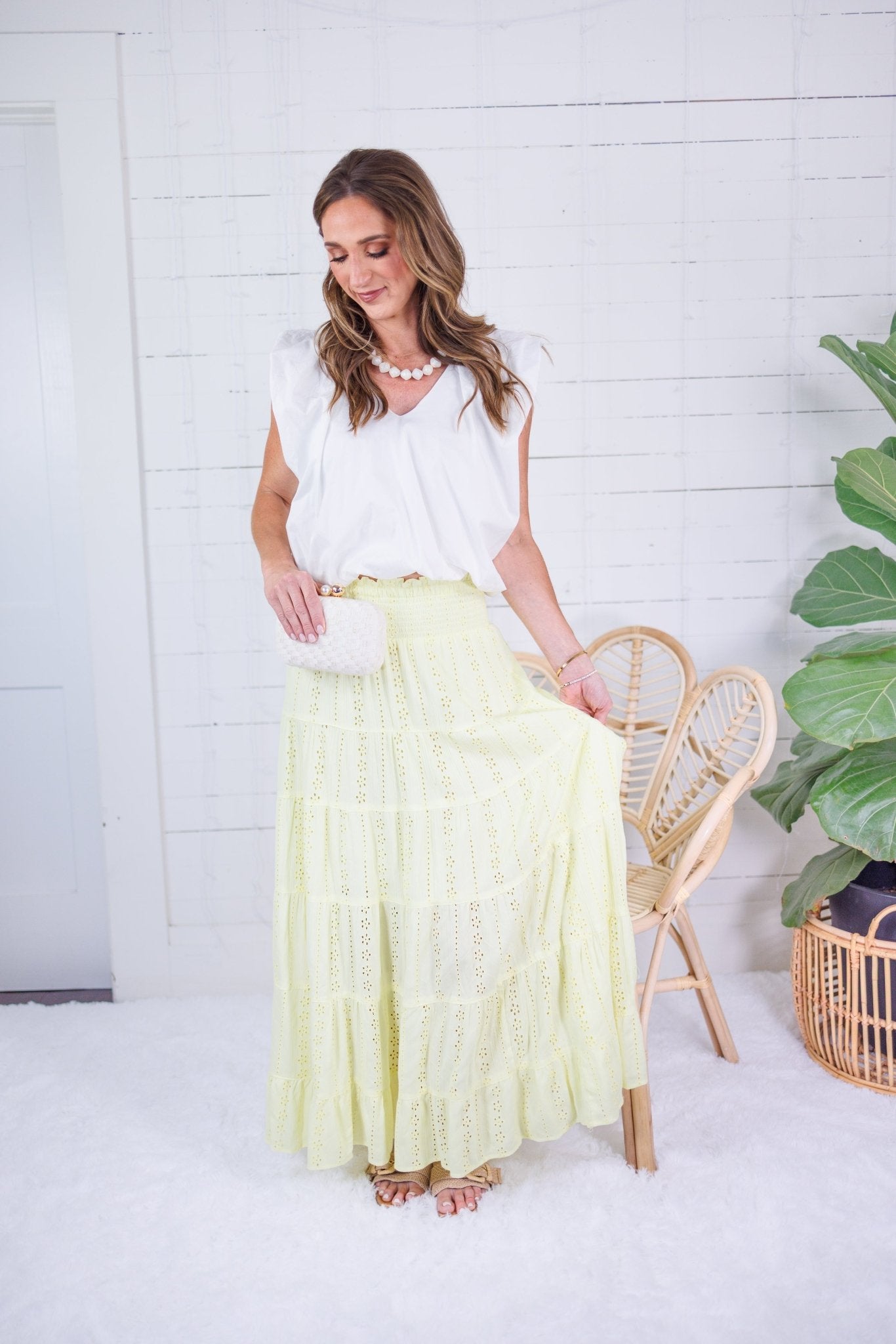 Angie Citron Eyelet Tiered + Smocked Waist Maxi Skirt - S1 Skirts - Maxi - Clover + Bee