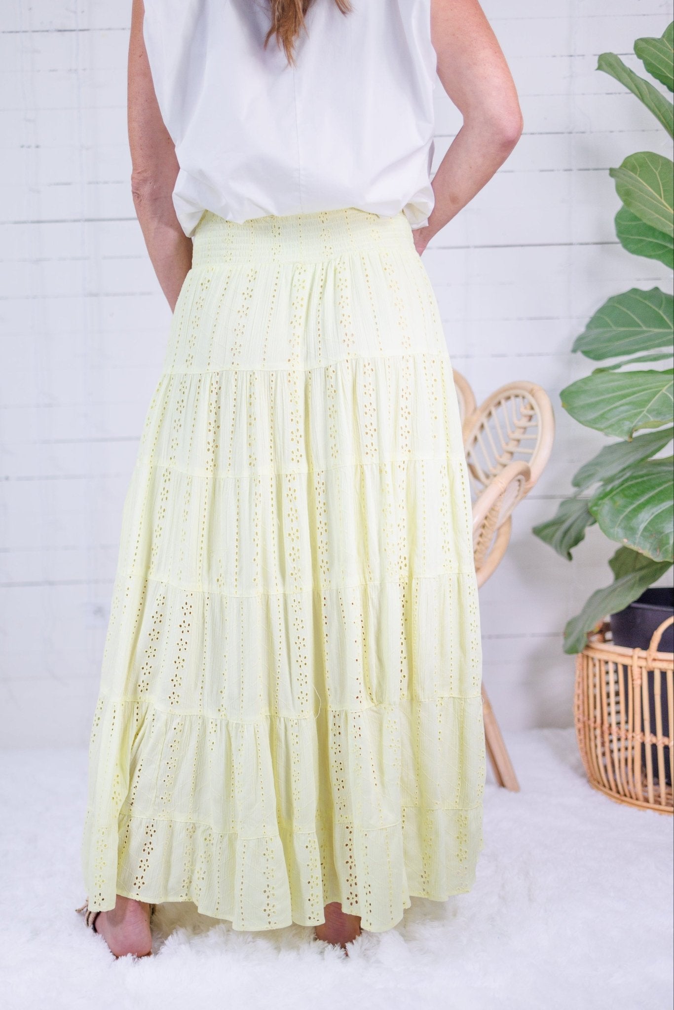 Angie Citron Eyelet Tiered Smocked Waist Maxi Skirt
