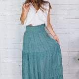 Angie Sage Eyelet Tiered + Smocked Waist Maxi Skirt