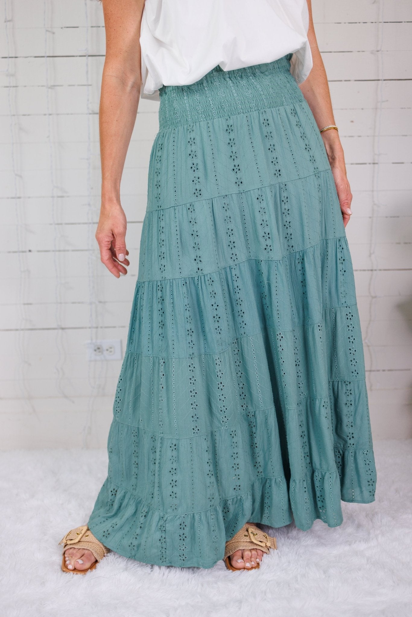 Angie Sage Eyelet Tiered + Smocked Waist Maxi Skirt
