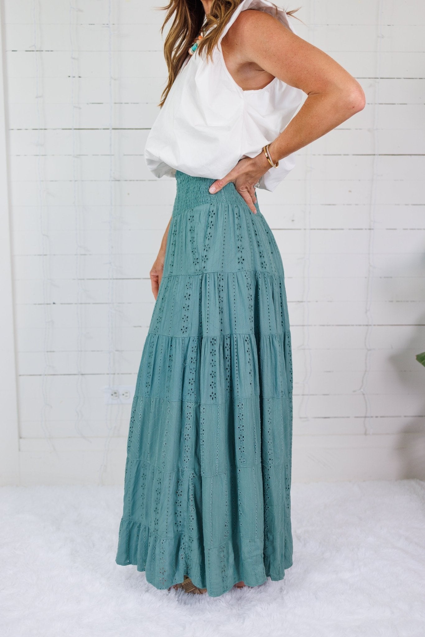 Angie Sage Eyelet Tiered + Smocked Waist Maxi Skirt