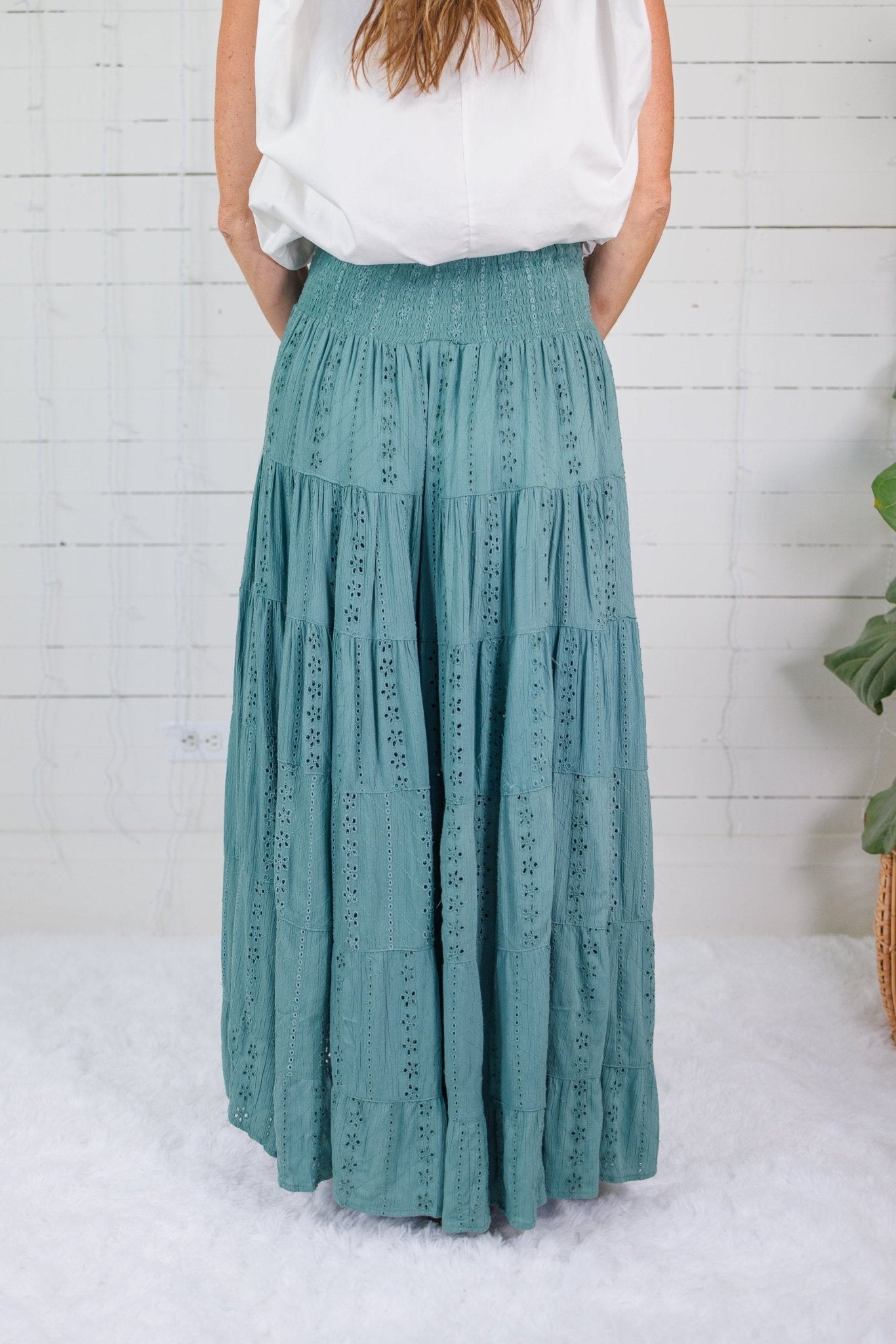 Angie Sage Eyelet Tiered + Smocked Waist Maxi Skirt