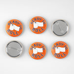 Set of five buttons with 'Ready to Roll' text and toilet paper graphic on a white background