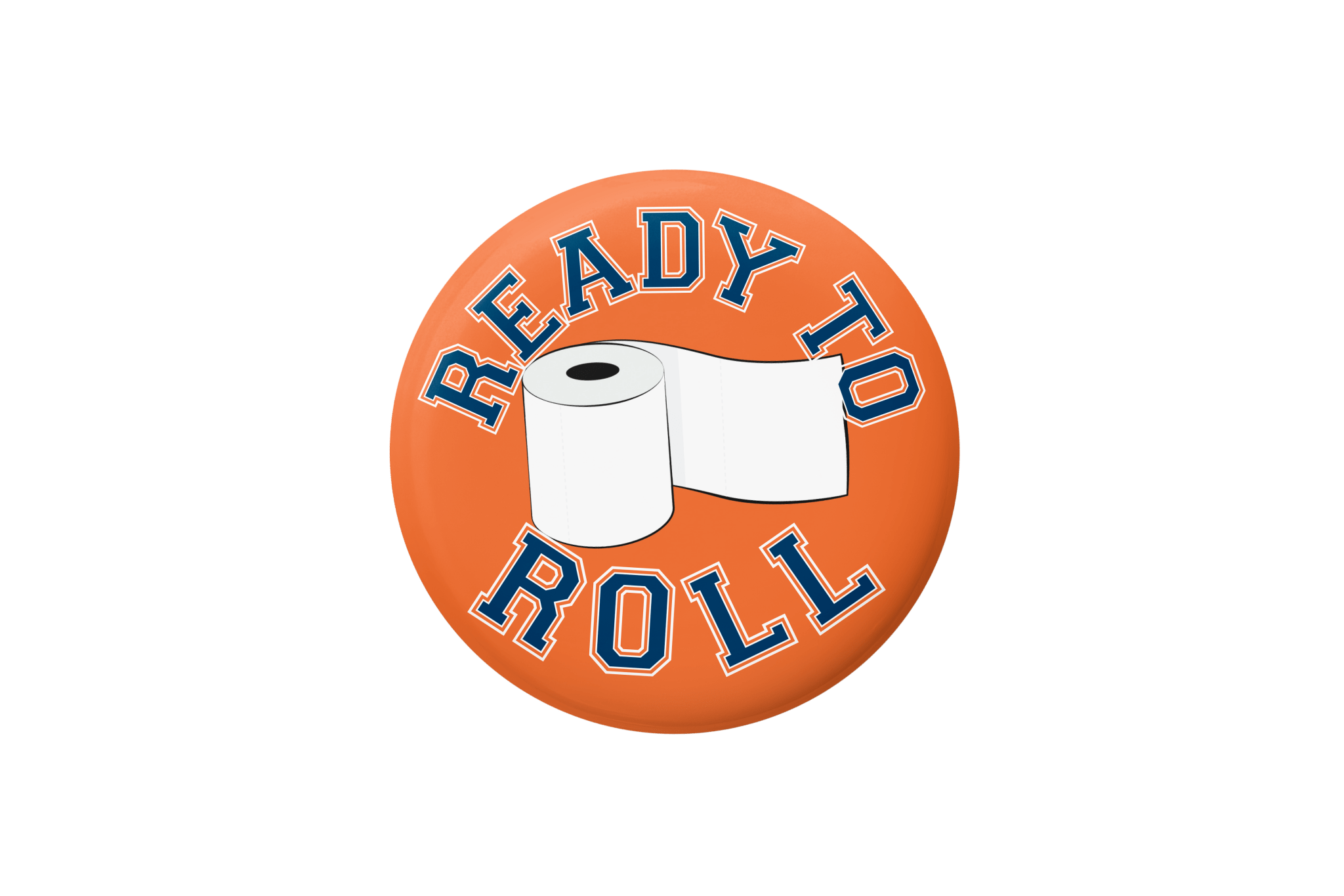 Circular logo with 'Ready to Roll' text and a roll of toilet paper on an orange background.