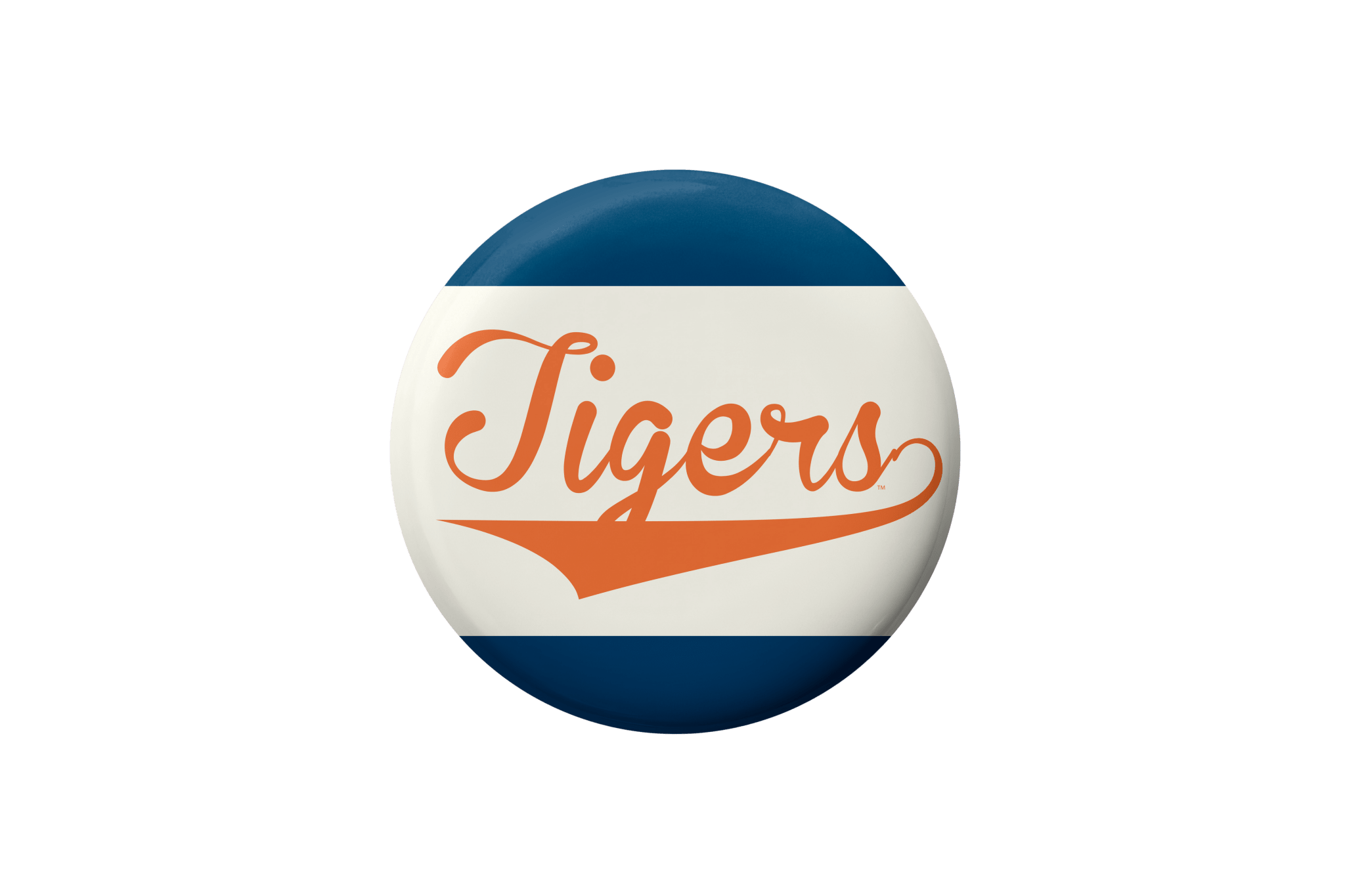 A round button badge featuring the word 'Tigers' in orange script across a white center, with dark blue bands at the top and bottom, shown on a plain white background.