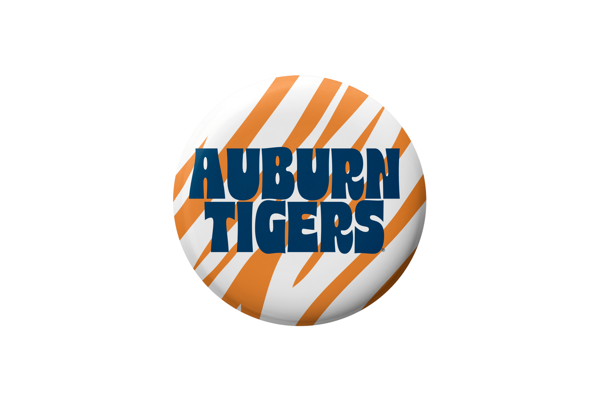 A circular button badge featuring the Auburn Tigers logo, with orange and white diagonal stripes and bold blue text reading 'AUBURN TIGERS' on a white background.