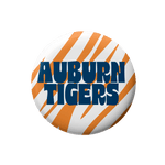A circular button badge featuring the Auburn Tigers logo, with orange and white diagonal stripes and bold blue text reading 'AUBURN TIGERS' on a white background.