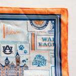 Auburn University-themed fabric square with logos and text on a white background