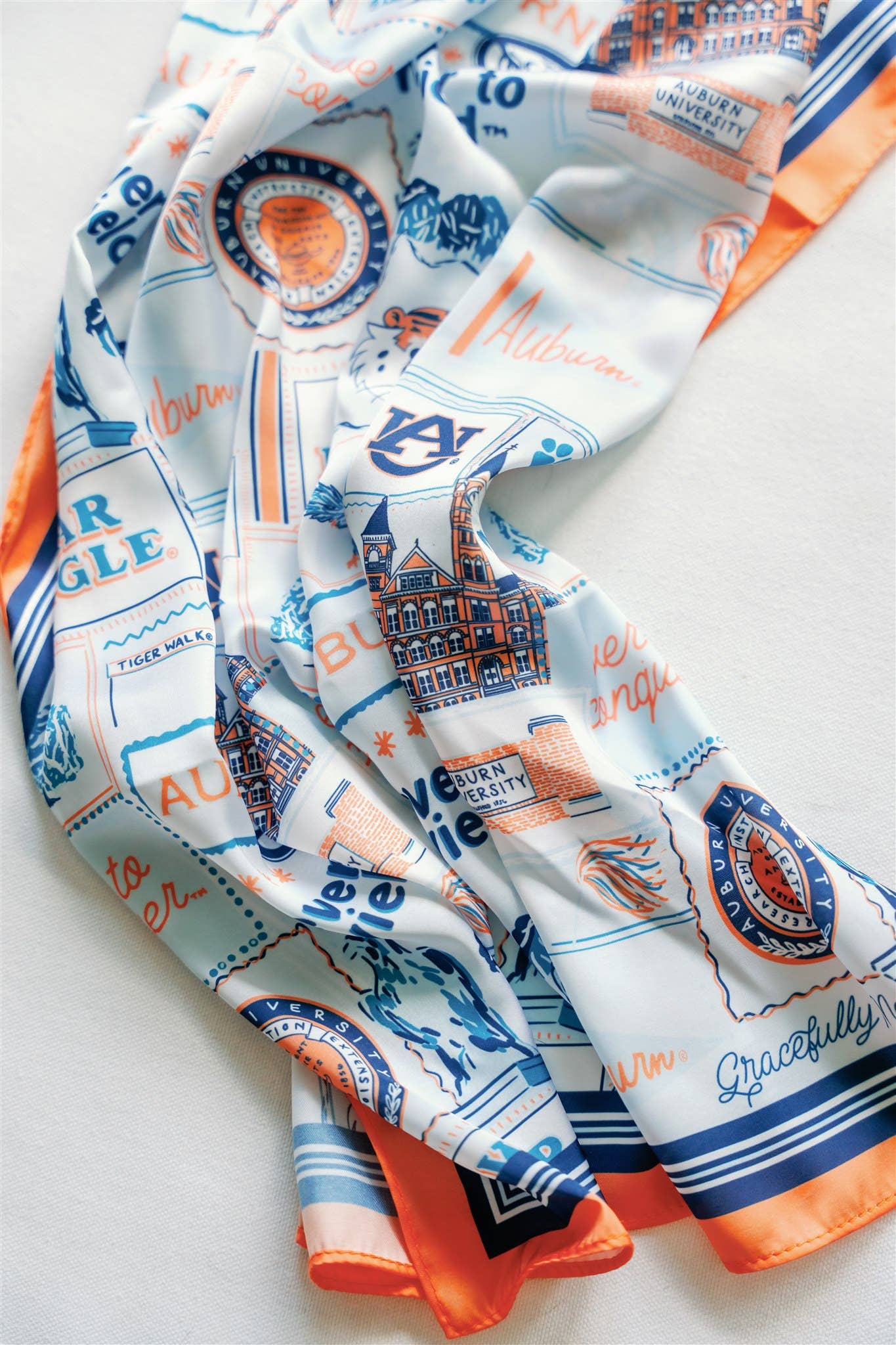 Scarf with Auburn University-themed design on a white background