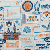 Auburn University-themed fabric with logos, text, and graphics on a white background.
