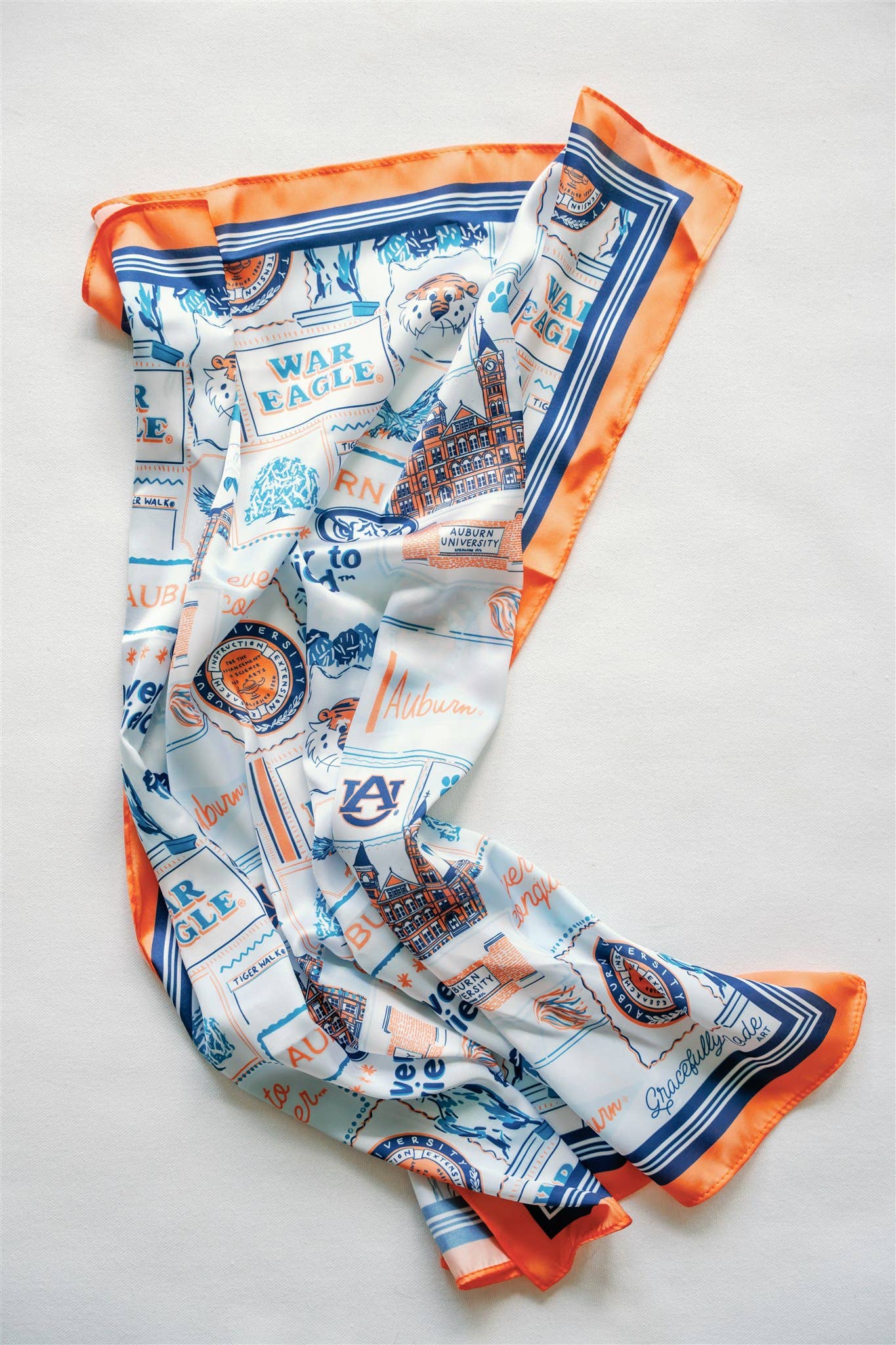 Decorative scarf with Auburn University-themed design on a white background