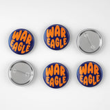 Five 'War Eagle' buttons on a white background