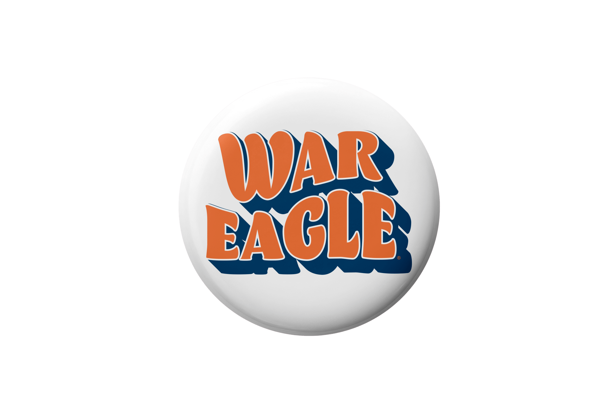 A round white button badge featuring the words 'WAR EAGLE' in orange letters with a dark blue shadow effect, centered on a plain white background.