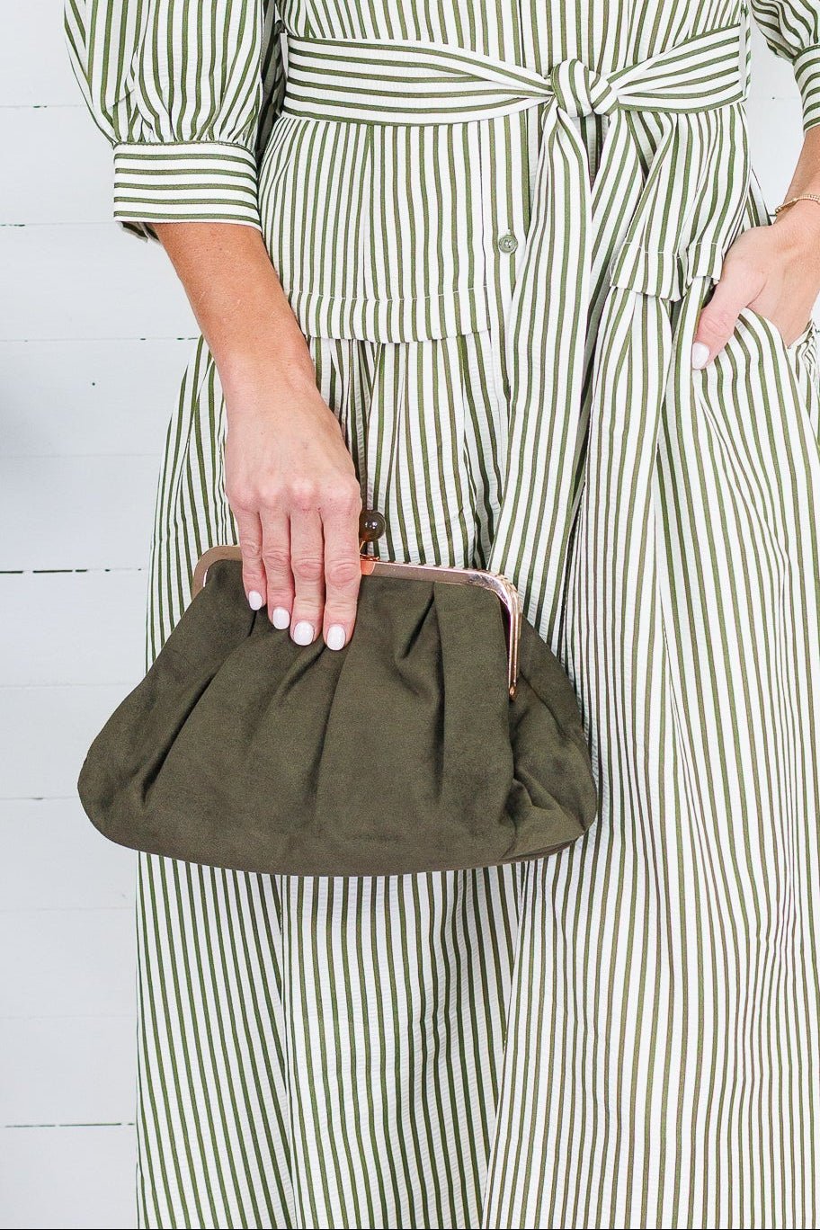 Aura Olive Suede Clutch