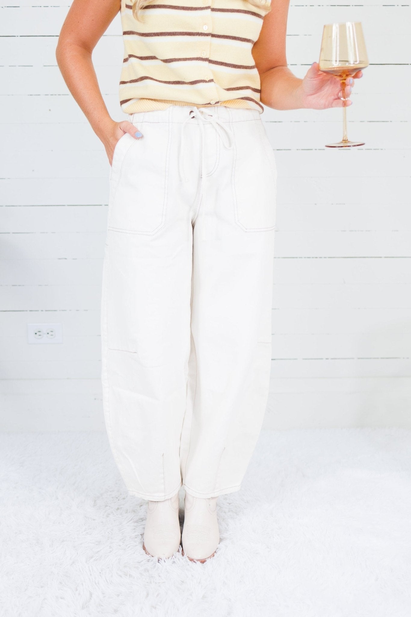 Ava Ecru Drawstring Barrel Pants Blu Pepper