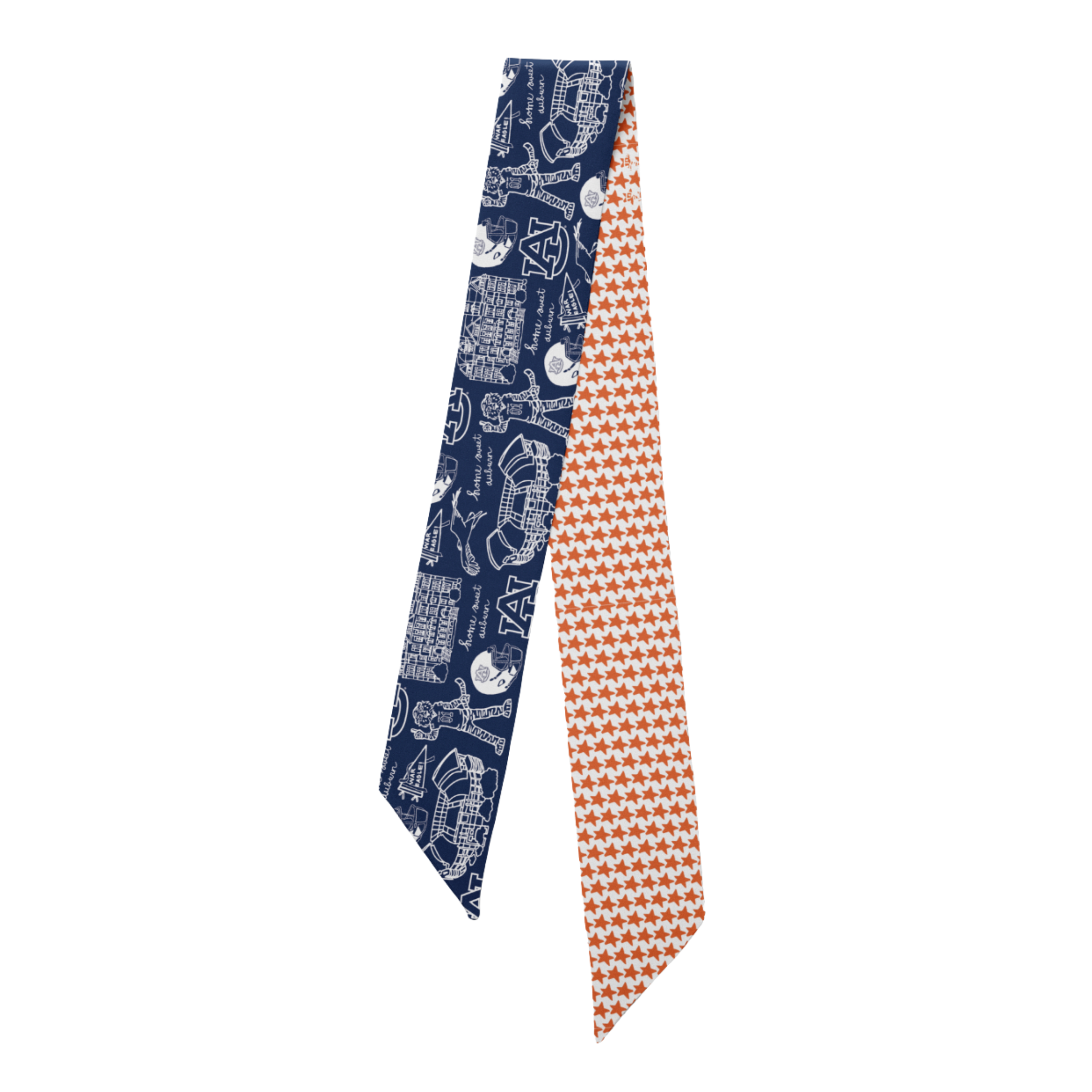 Navy and orange patterned tie on a white background