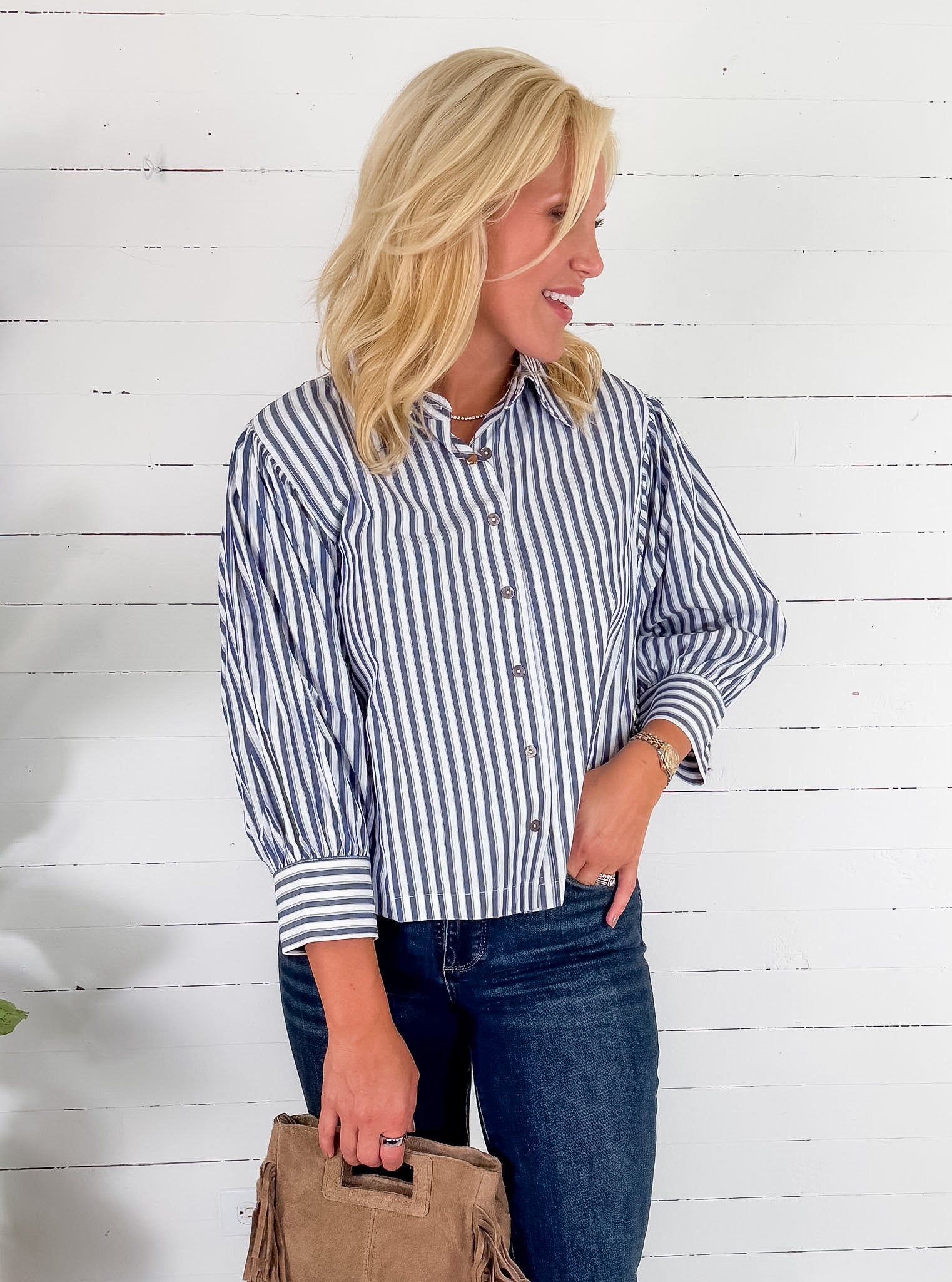 Baker Navy Stripe Button Up Top Entro