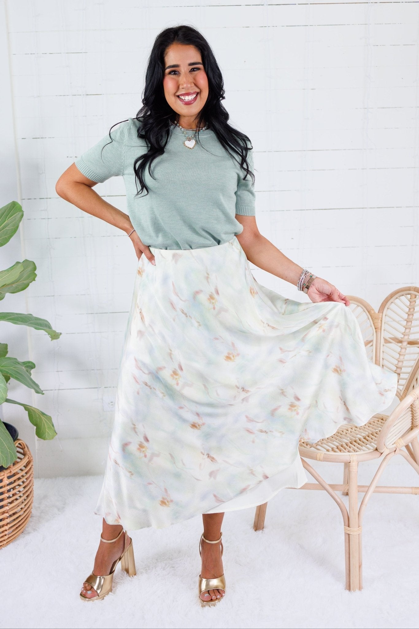 Barbara Mint Swirl Satin Skirt Lucy Paris