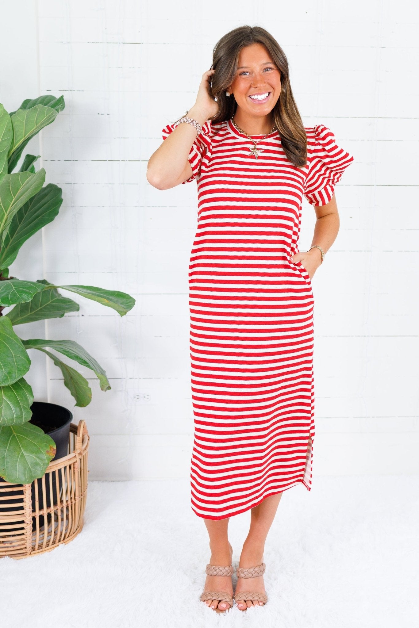 Barham Red + White Stripe Midi Dress Glam