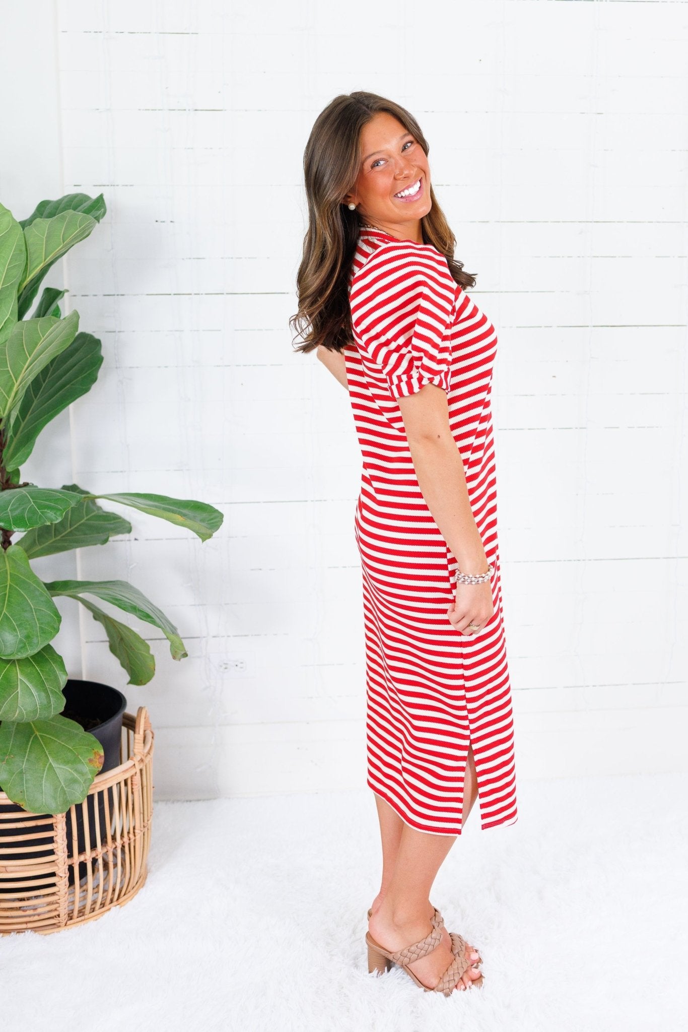 Barham Red + White Stripe Midi Dress Glam