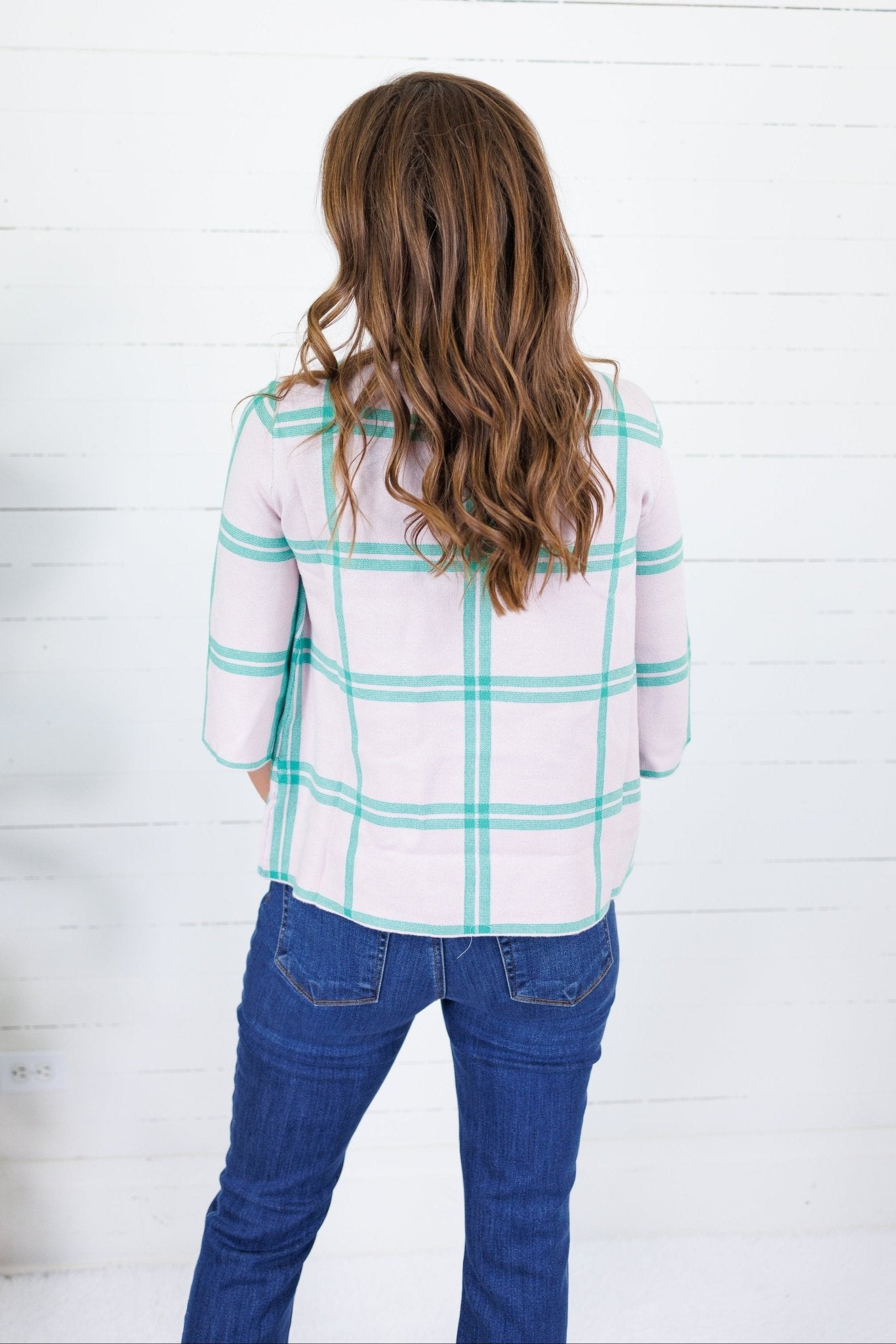 Barney Pastel Pink + Green Grid Sweater Fate