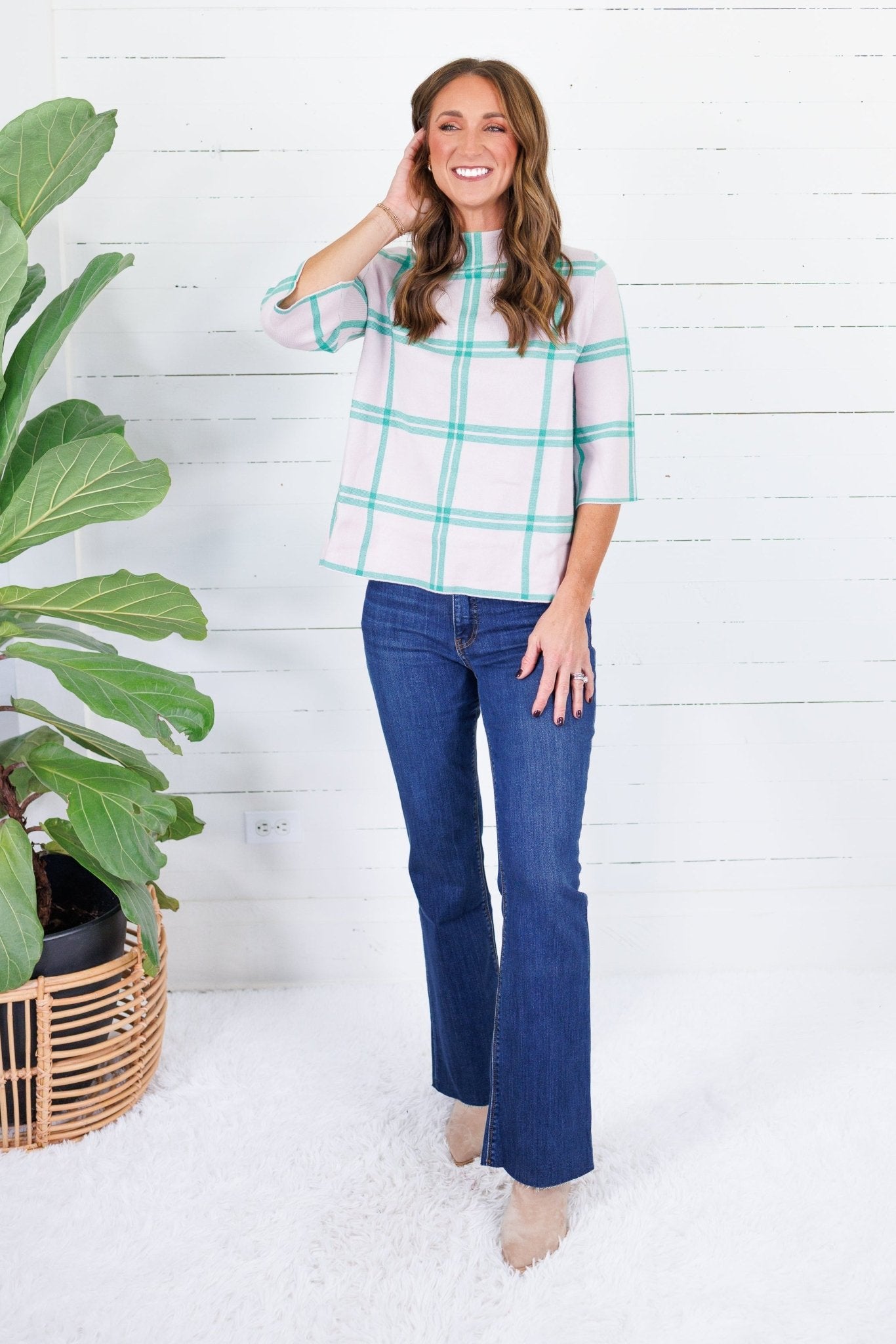 Barney Pastel Pink + Green Grid Sweater Fate