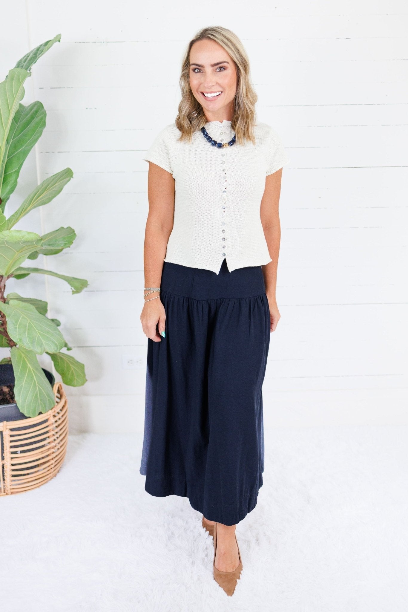 Basque Navy Deep Waist Flare Maxi Skirt Doe and Rae