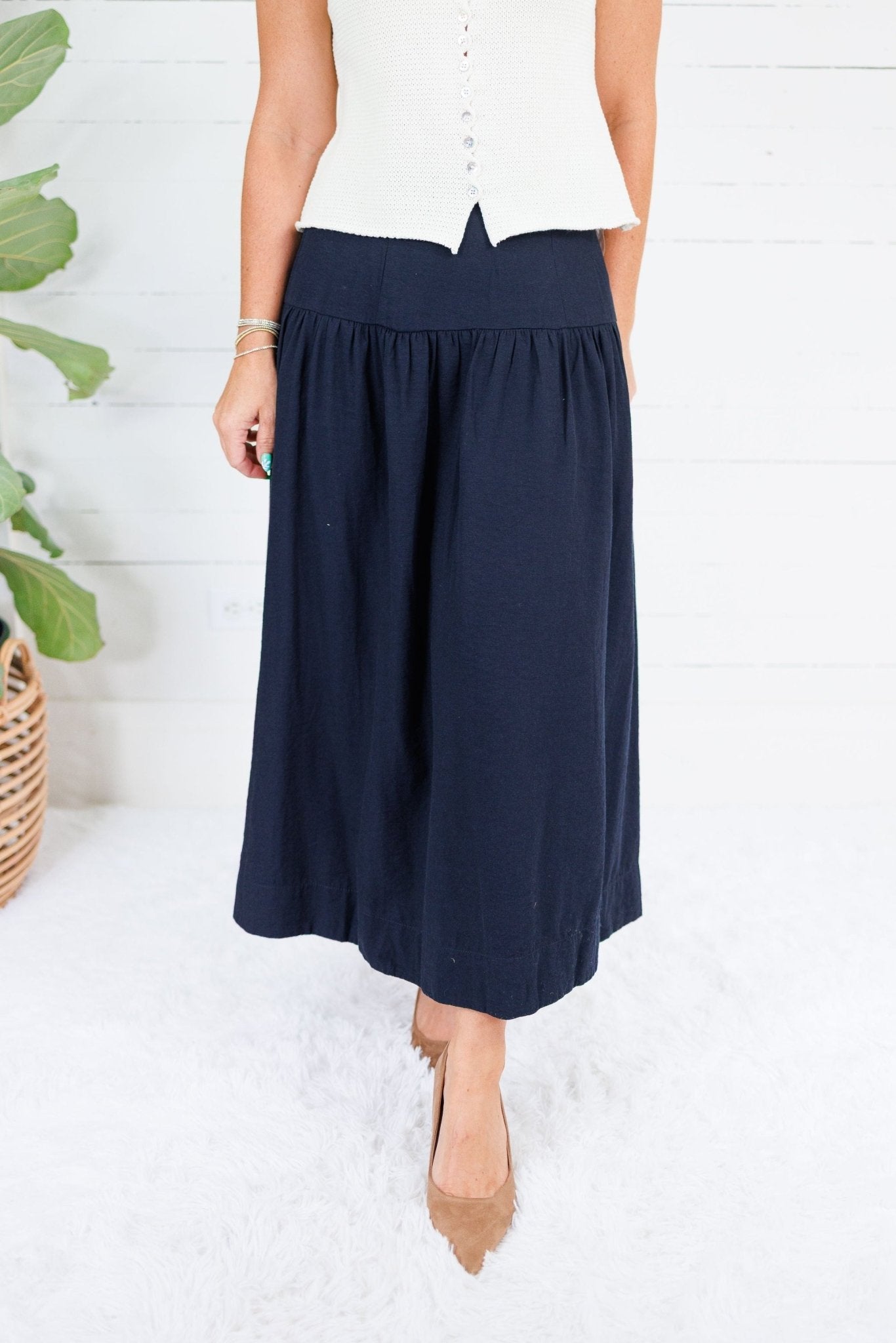 Basque Navy Deep Waist Flare Maxi Skirt Doe and Rae